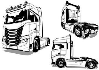 Set of Drawings of a European Italian Truck from different Views - Black  Illustrations Isolated on White Background, Vector - 516122841