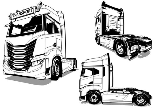 Set of Drawings of a European Italian Truck from different Views - Black  Illustrations Isolated on White Background, Vector