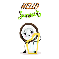 Vector illustration character, cartoon coconut playing flute, musical. The inscription 