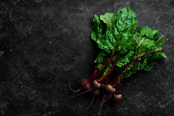 Fototapeta na wymiar Fresh young beets with green leaves. On a black background. Rustic style.