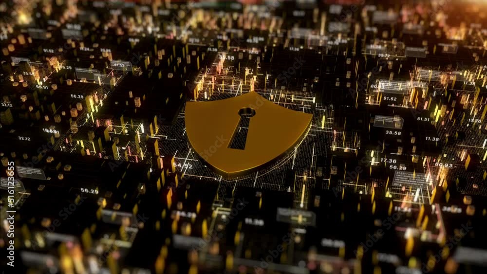 Poster gold shield icon cyber security, digital data network protection, future technology digital data net