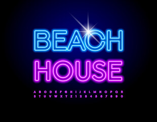 Vector colorful Emblem Beach House.Bright neon Font. Blue light Alphabet Letters and Numbers set