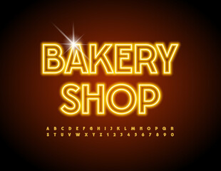 Vector neon signboard Bakery Shop. Bright Electric Font. Glowing Alphabet Letters and Numbers