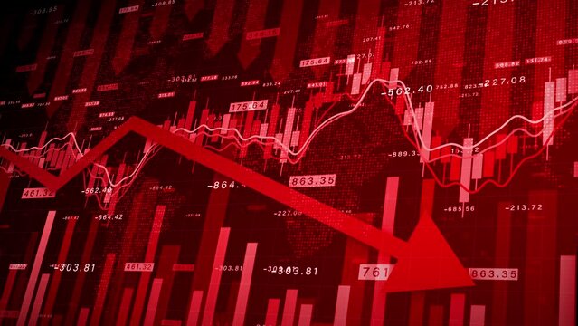 Recession Global Market Crisis Stock Red Price Drop Arrow Down Chart Fall, Stock Market Exchange Analysis Business And Finance, Inflation Deflation Investment Loss Crash Abstract Red Background