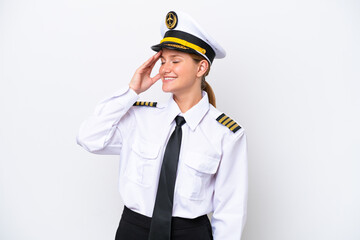 Airplane caucasian pilot woman isolated on white background has realized something and intending the solution © luismolinero