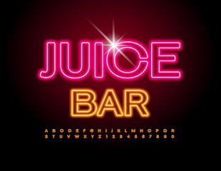 Vector bright Banner Juice Bar. Creative Electric Font. Neon Alphabet Letters and Numbers set	