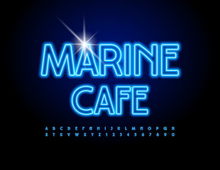 Fototapeta na wymiar Vector blue Emblem Marine Cafe. Neon bright Font. Glowing Alphabet Letters and Numbers 