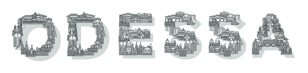 Vector illustration of the Odessa Ukraine consisting of buildings and houses. Trendy linear lettering. Suitable for web, advertising, posters, banners and brochures.