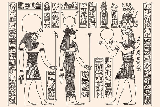 Ancient Egyptian painting on the walls of the pyramids with figures of people, gods and hieroglyphs.