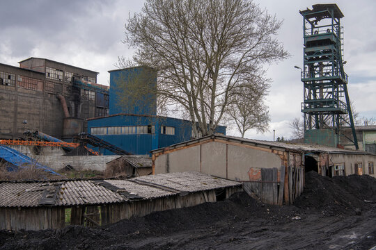 Old mining facility and main entrance to Rudnik Soko, brown coal and copper mine. Sokobanja, Serbia 02.04.2022