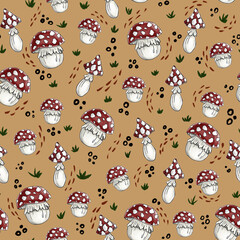 Seamless pattern with red fly aragics, grass, dots on beige background.