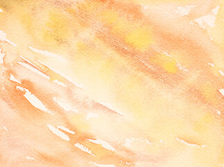 Watercolor autumn texture background. Orange and yellow abstract landscape gradient. Peach batik graphic. Fall color painting. Design illustration brush stroke. Aquarelle art backdrop
