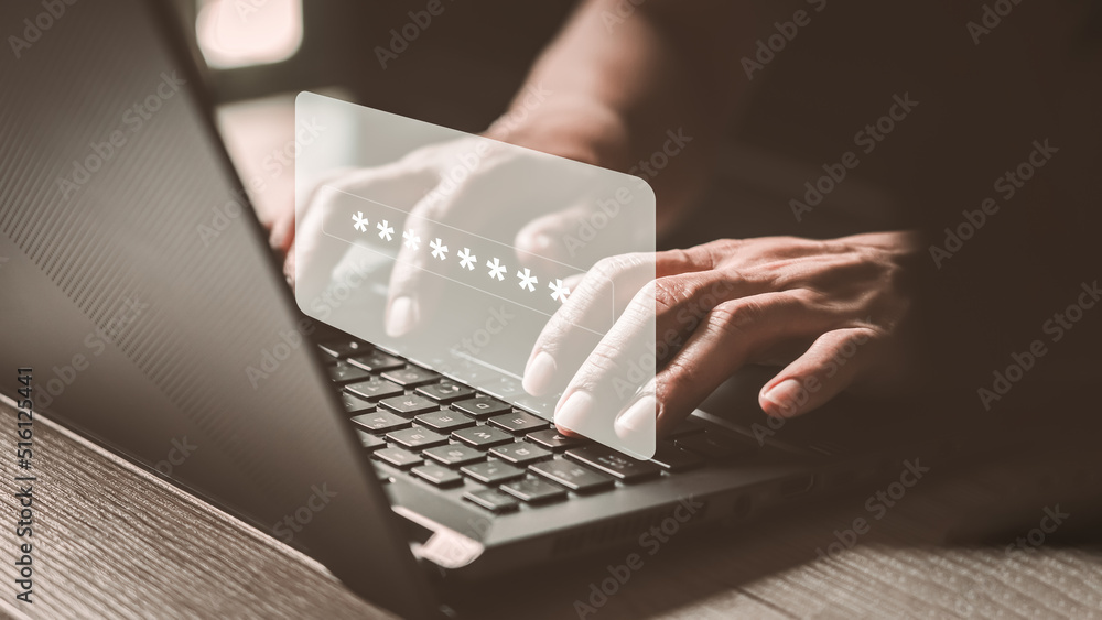 Poster Man typing login and password, cyber security concept, Secure encryption and access to the user's private information to access the Internet.
