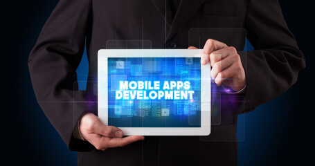 Person holding tablet, technology concept