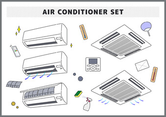家庭用・業務用エアコンやハウスクリーニングのイラスト素材セット
