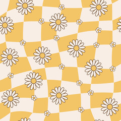 Seamless pattern psychedelic groovy checkerboard background in style retro 70s. Illustration with colorful flowers for wallpaper, fabric, textiles. Vector
