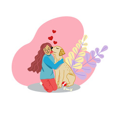drawing of a red hair girl who hug her dog that licking on her smile face with red heart show love and care to each other on pink background ,pet and human best friend concept