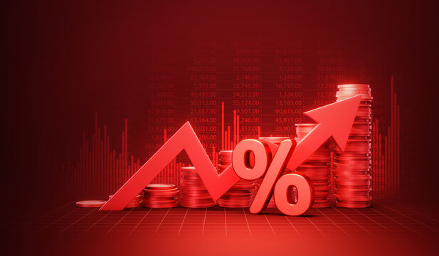 Financial crisis business market graph on economic background with growth money price arrow inflation 3d gold coin percent or crash global finance chart and economy stock currency risk trade diagram.