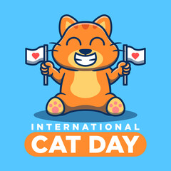 Vector illustration of a cat holding a flag, international cat day
