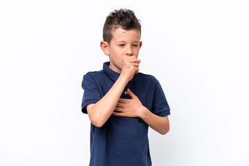 Little caucasian boy isolated on white background coughing a lot