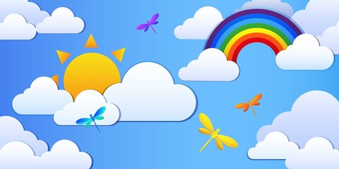 Multicolored rainbow icon, butterflies, sun and clouds on a blue sky background. cartoon style.