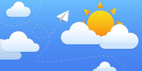 rocket paper plane is flying through the clouds on the sky - start up business concepts vector illustration flat style