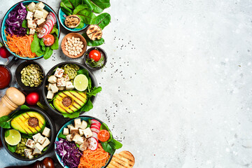 Set of detox Buddha bowl. Vegetarian food. The concept of healthy eating. On a stone background. Top view.