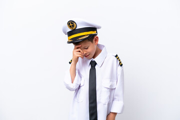 Little airplane pilot boy isolated on white background laughing