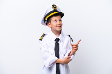 Little airplane pilot boy isolated on white background pointing up a great idea