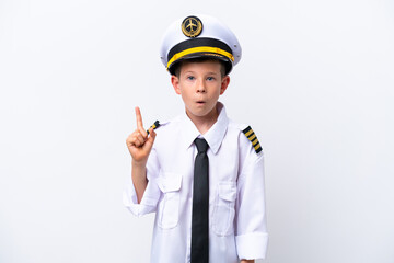 Little airplane pilot boy isolated on white background intending to realizes the solution while lifting a finger up