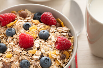 Schale Müsli mit frischen Blaubeeren und Himbeeren