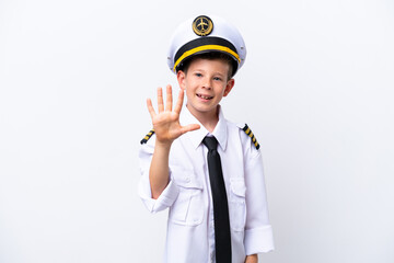 Little airplane pilot boy isolated on white background counting five with fingers