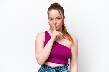 Young caucasian girl isolated on white background showing a sign of silence gesture putting finger in mouth