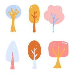 Baby colorful flat trees set. Hand-drawn vector elements. City childish collection
