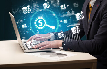 Business hand working on laptop, successful business concept