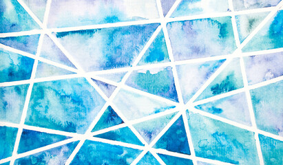 Watercolor water texture background. Triangles blue abstract landscape gradient. Sky batik graphic....