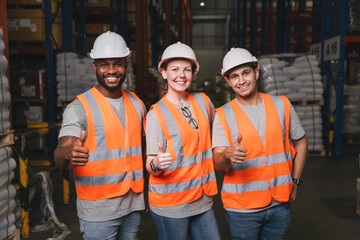 Group worker in safety hat hands together happy celebrate success at warehouse, Logistic inventory teamwork concept