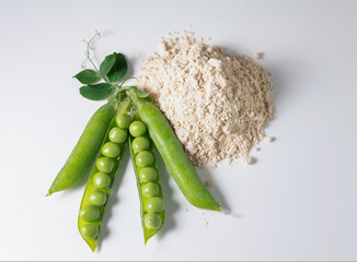 Top view fresh green peas with protein power from green peas, plat base protein concept, isolated on white background.