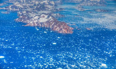 View from airplane of melting polar ice cap Greenland - Greenland
