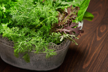 a top of bunch of green dill, parsley, salad and other greens in an iron bucket, dark wooden background, concept of fresh vegetables and healthy food