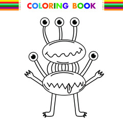 Funny and cute Alien monster with three eyes for kids. Imaginary creature for children coloring book, black and white outline fantasy cartoon for coloring pages.