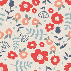 Red and beige flowers seamless pattern. Floral meadow blossom and branches vector design.