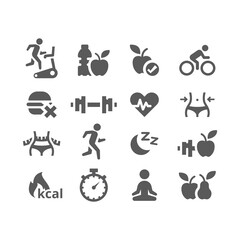 Workout and exercising vector icon set. Fitness, weight loss and healthy eating and lifestyle filled icons.