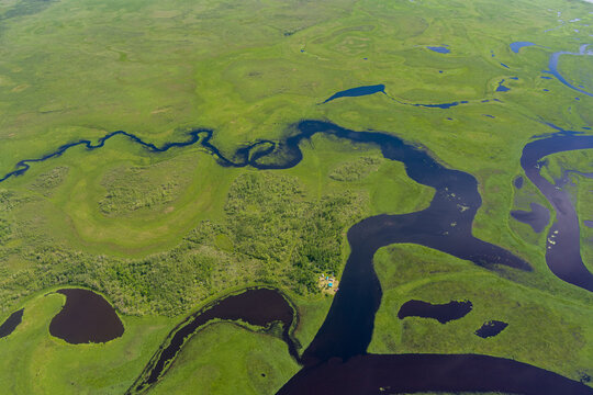 river top view shooting from a drone . river on a green background. amur river bird's-eye view 
