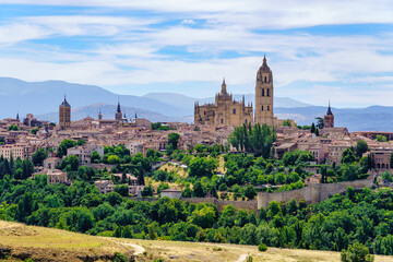 Panoramic view of the city of Segovia with its skyline of old buildings on the hill, Spain.