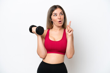 Fototapeta na wymiar Young sport Rumanian woman making weightlifting isolated on white background thinking an idea pointing the finger up