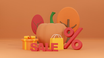 Obraz premium Autumn Sale Background, Concept banner, poster or flyer design, Template for advertising, web, social and fashion ads with big pumpkin and shopping bag on orange background. 3d rendering