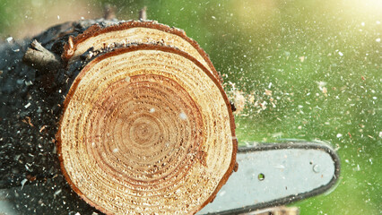 Detail of chainsaw saws the timber log.