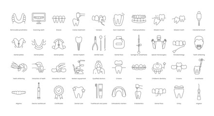A set of linear vector icons with dental instruments, treatment and doctor. Vector illustration for dental clinics and offices, fixed and removable prosthetics, periodontology, interdental brush - obrazy, fototapety, plakaty