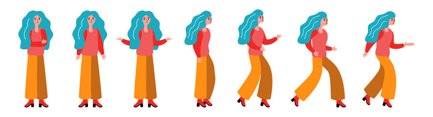 girl character set, isolated illustration woman stands, runs, various hand gestures, flat vector style